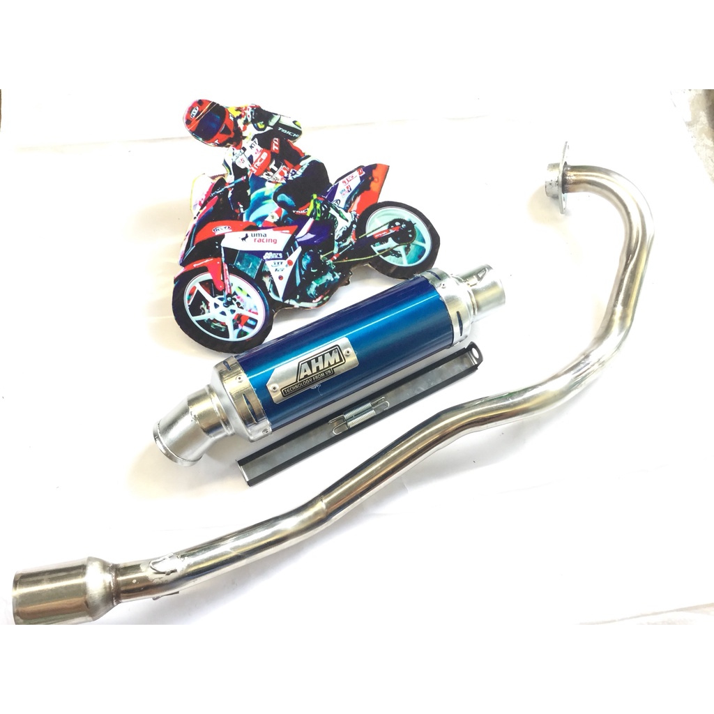 Bộ pô AHM xanh FULL CỔ INOX THẲNG WAVE, SI, CUP, DREAM, EXCITER, WINER, SONIC, RAIDER FI, SATRIA, GSX