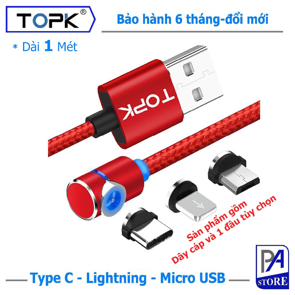 Cáp Sạc Nam Châm TOPK Siêu Phẩm AM30, Dài 1m, Chữ L Chống Vướng Tay (Type C/ Micro USB/ Lightning)