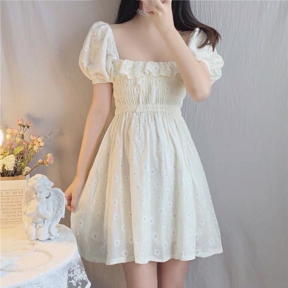 ♈♂Đầm trễ vai lưng cao họa tiết hoa cúc phong cách cổ điển