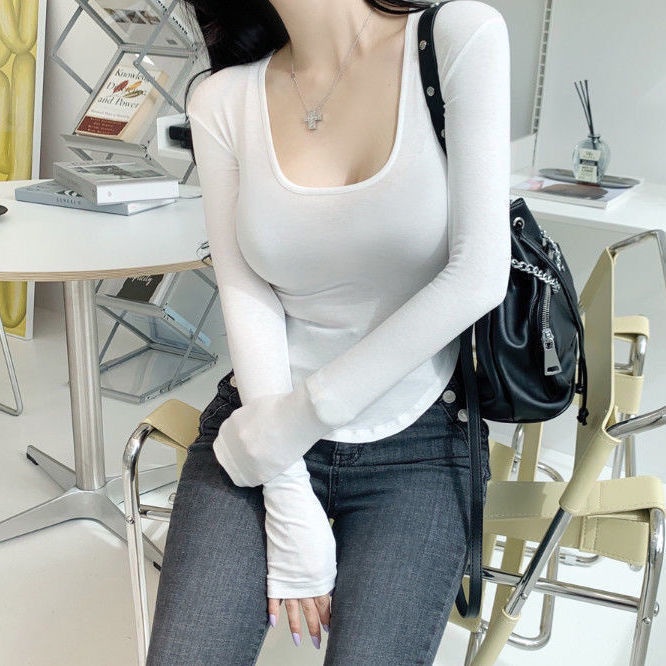 Jiashucheng Áo Thun Ngắn Ôm Eo Màu Trơn Cổ Tròn Ngực To Viền Hẹp