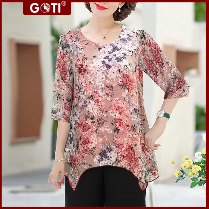 GOTI – Áo Trung Niên Dáng Rộng Tay Lỡ Vải Voan 2 Lớp Cao Cấp Tặng Mẹ U50 U60 3A14 3A08