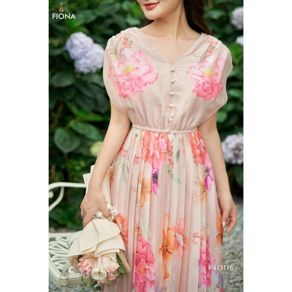Đầm maxi thiết kế cao cấp FIONA váy đi biển nữ dáng xòe cổ tim họa tiết hoa nhí trẻ trung F413116