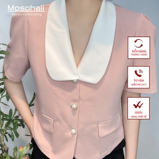 Áo sơ mi dáng suông cổ trắng nắp túi 2 bên màu hồng baby