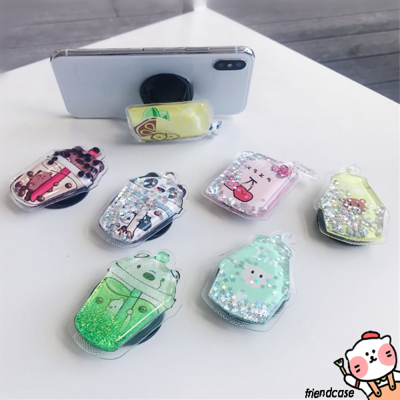 Squishy 3D Quicksand Holder Liquid Popsocket Cartoon We Bare Bears Drink Bottle Cute Phone Stand Phone Holder Desk Adjusttable Folding Bracket for All Smartphone