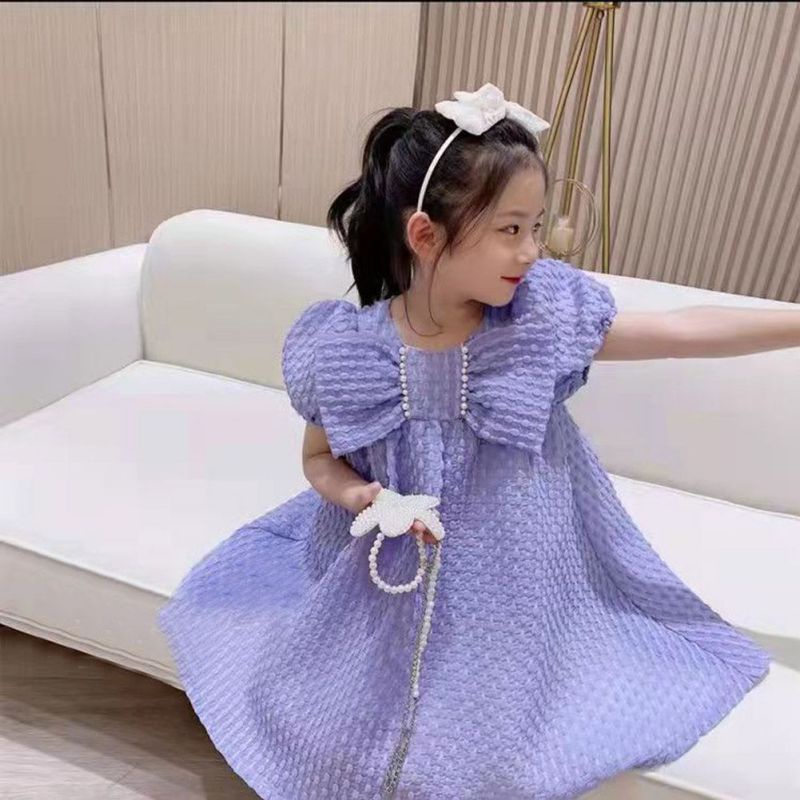 Đầm Công Chúa Tay Ngắn Màu Sắc Trơn Đính Nơ To Thời Trang Mùa Hè Cho Bé Gái Se7en