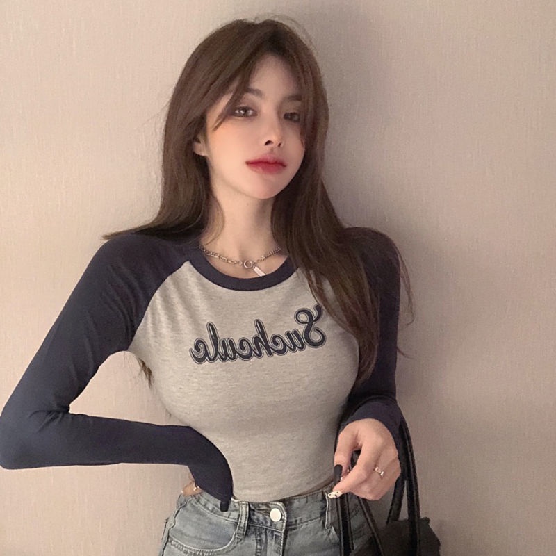 Áo thun COZOK tay dài dáng ôm phối màu tương phản quyến rũ dễ phối đồ