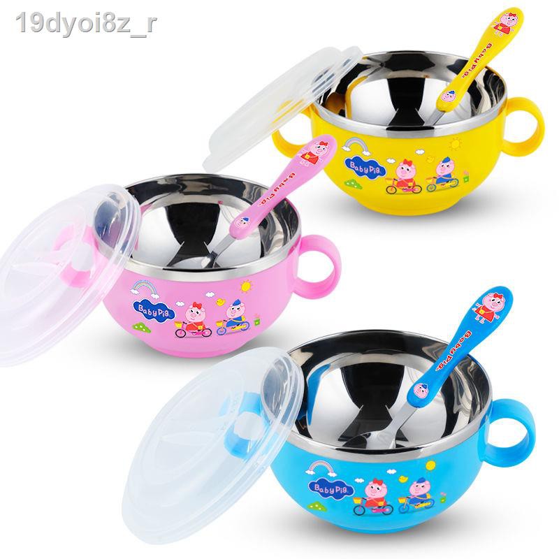 ☒❡Bát ăn trẻ em, dặm chống ngã, bộ đồ cho bé, inox hoạt hình có nắp, bỏng