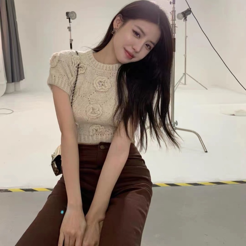 Áo Dệt Kim Nữ Tay Ngắn In Hoa Thời Trang