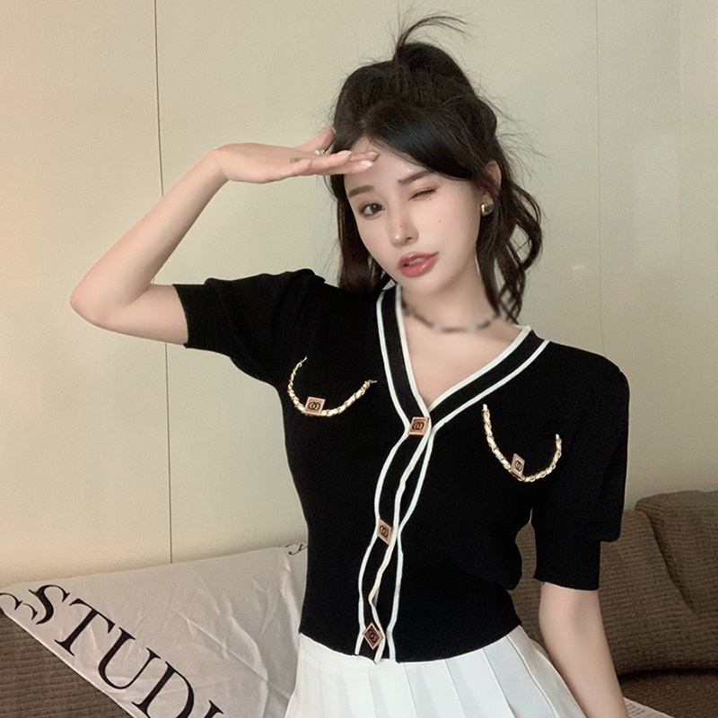 Áo Cardigan Dệt Kim Tay Ngắn Cổ Chữ V Form Ôm Thời Trang Cho Nữ