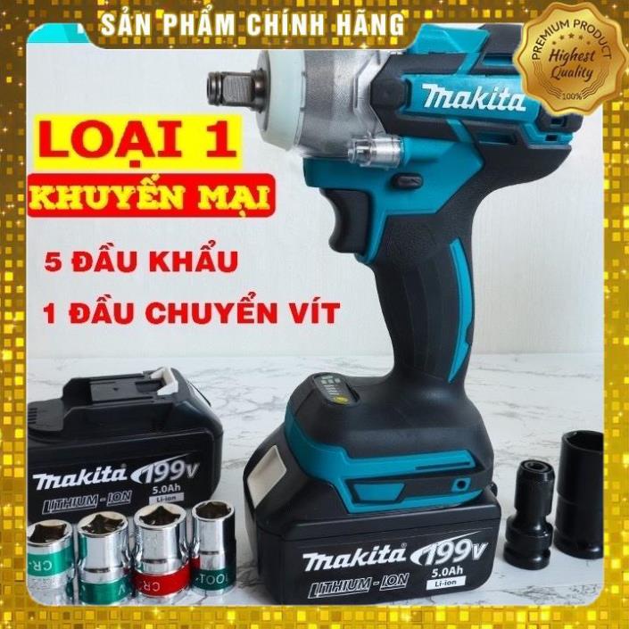 Máy Siết Bulong Makita 199V kèm bộ khẩu và đầu chuyển khoan không chổi than /