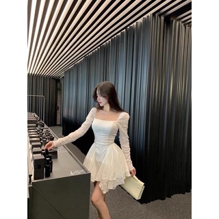 Đầm cổ vuông,tay dài dáng xòe chéo tà thời trang nữ
