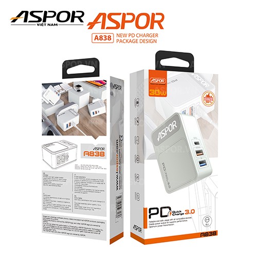 Cốc sạc ASPOR 1 Cổng PD- 2 cổng USB quick charge 3.0  30W - A838PD