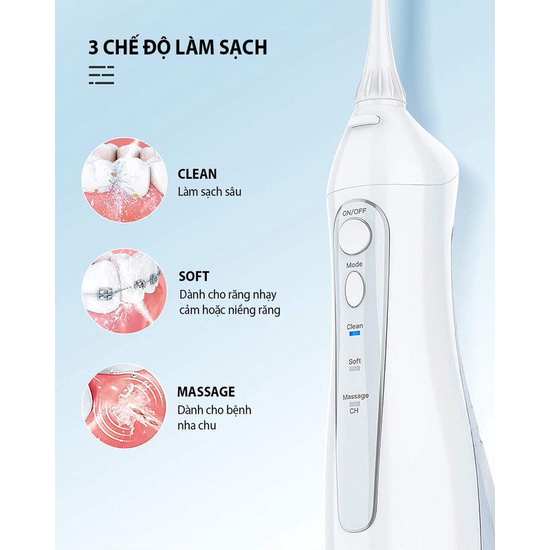 Máy tăm nước cầm tay FAIRYWILL FW-5020E Bản Màu Trắng Tặng 8 đầu thay thế Sạc bằng USB Hàng chính hãng có bảo hành