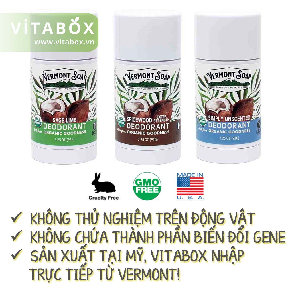 Vermont Soap - Lăn Khử Mùi Hữu Cơ Giúp Giảm Tiết Mồ Hôi và Hôi Nách, ngừa thâm nách - USDA Organic Deodorant - 92g