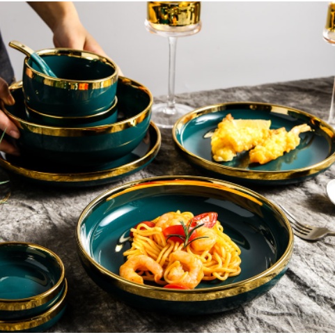 Bộ bát đĩa cao cấp xanh cổ vịt,chén dĩa decor đẹp 26 món viền vàng các màu phong cách Bắc Âu