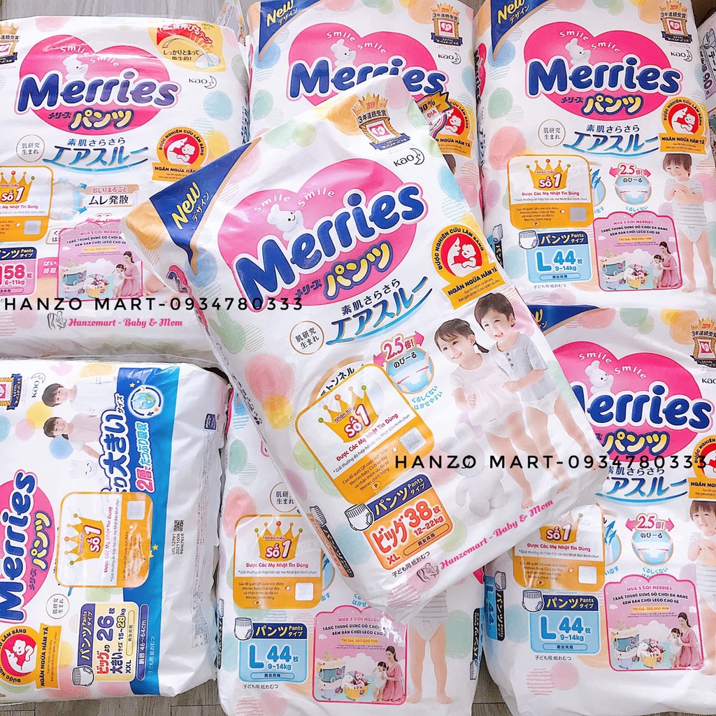 Bỉm Merries Dán/Quần Nội Địa Nhật Tiêu Chuẩn (Date Mới) NB90/ S82/ M64/ L54/ M58/ L44/ XL38/ XXL26