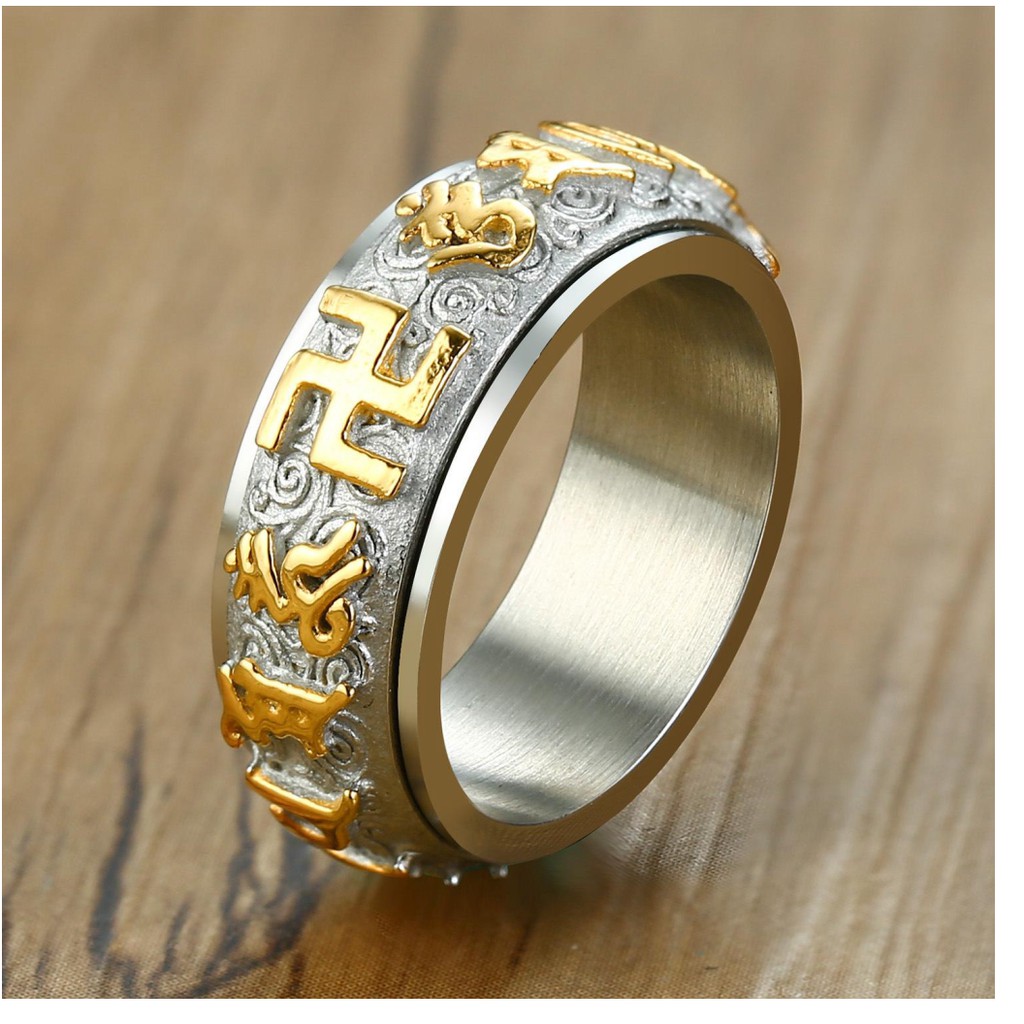 Nhẫn  Nam Titan Chữ Vạn OM MANI PADME HUM  Vĩnh Viễn Không Đen ---- GIÁ HỦY DIỆT