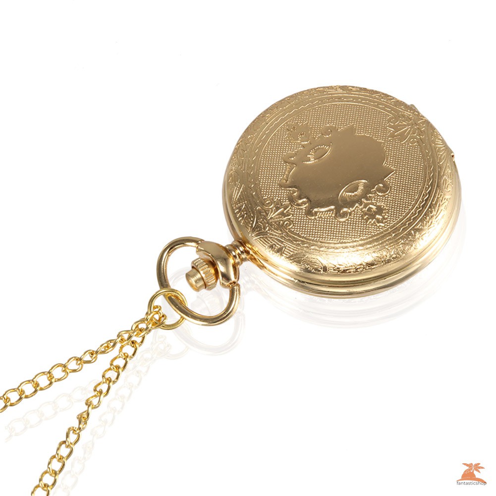 #Đồng hồ bỏ túi# 1pc Men Women Quartz Pocket Watch Golden Shield Pattern Carved Case with Chain