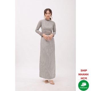 Áo dài truyền thống nữ cổ cao vải lụa hoạ tiết karo phối thổ cẩm màu xám có nhiều size