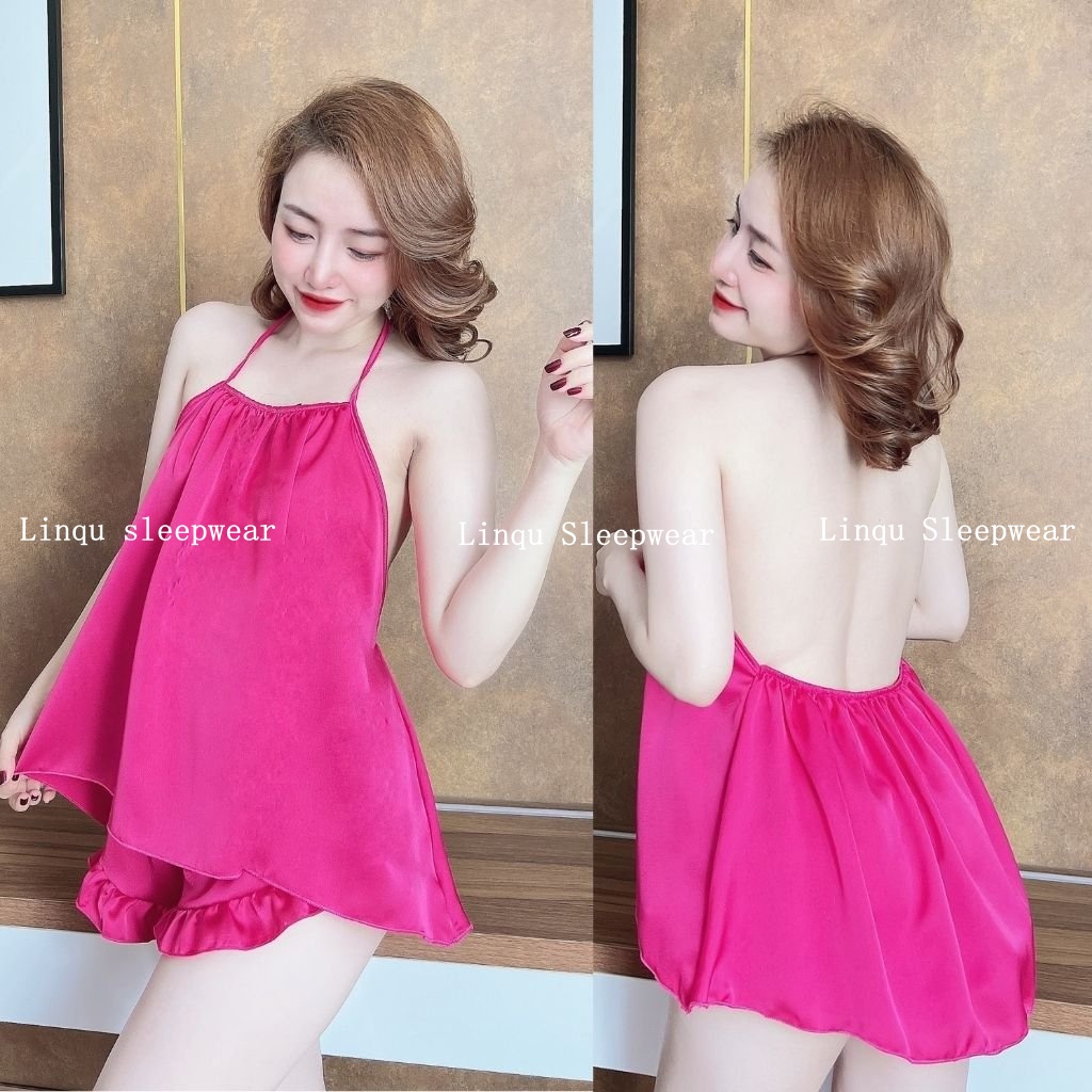 Đồ ngủ sexy đồ ngủ 2 dây hở lưng áo cổ yếm cột cổ chất satin mềm mịn freesize <60kg - linqu sleepwear