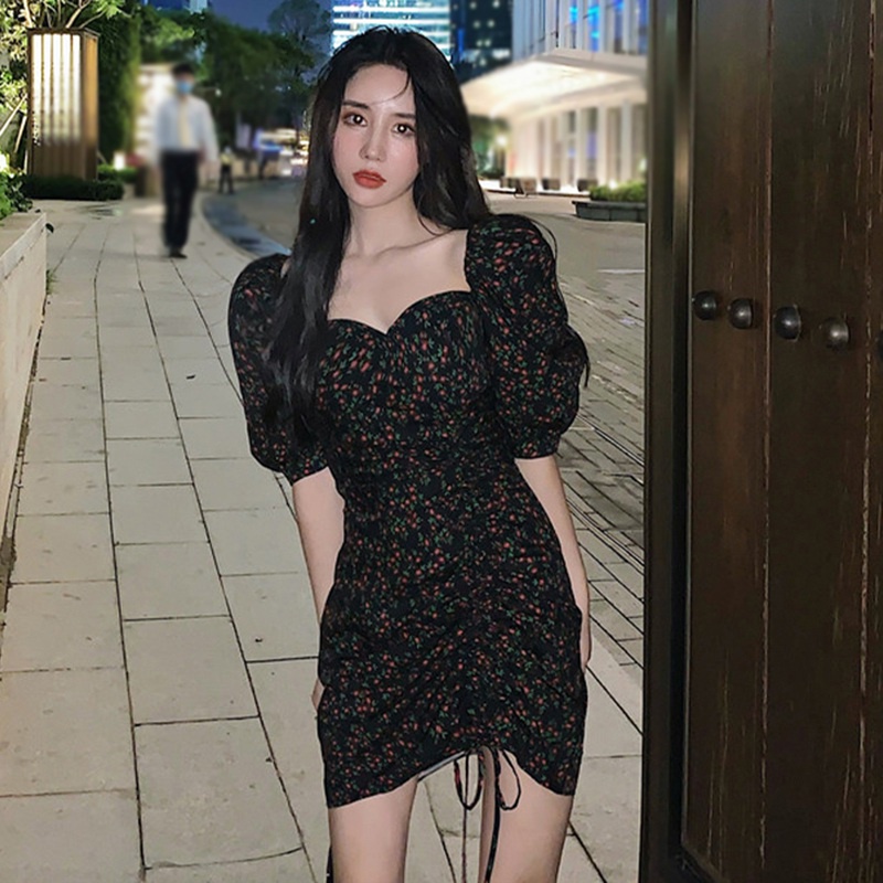 Đầm Hoa Tay Phồng Cổ Vuông Phối Dây Rút Phong Cách Hàn Quốc Ngọt Ngào Cho Nữ