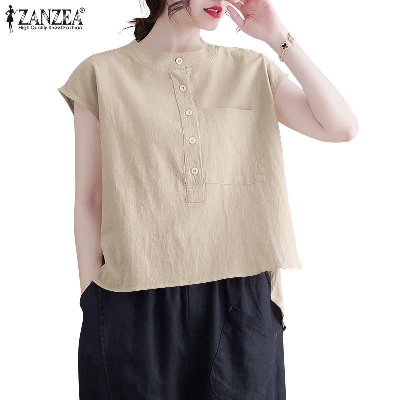 Áo sơ mi ZANZEA tay dài có túi trước màu trơn dành cho nữ