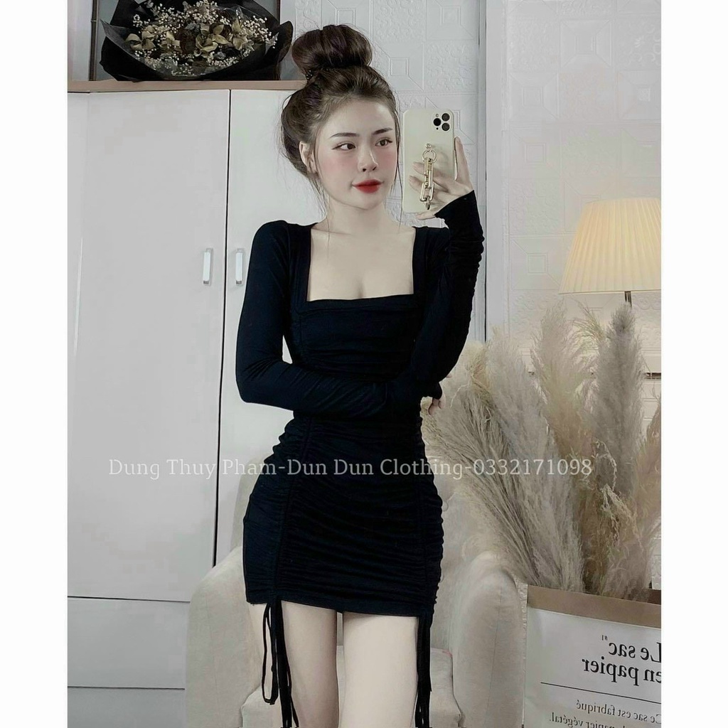 Đầm Váy Nữ Dài Tay Cổ Vuông Ôm Body Rút Dây Hai Bên Cá Tính