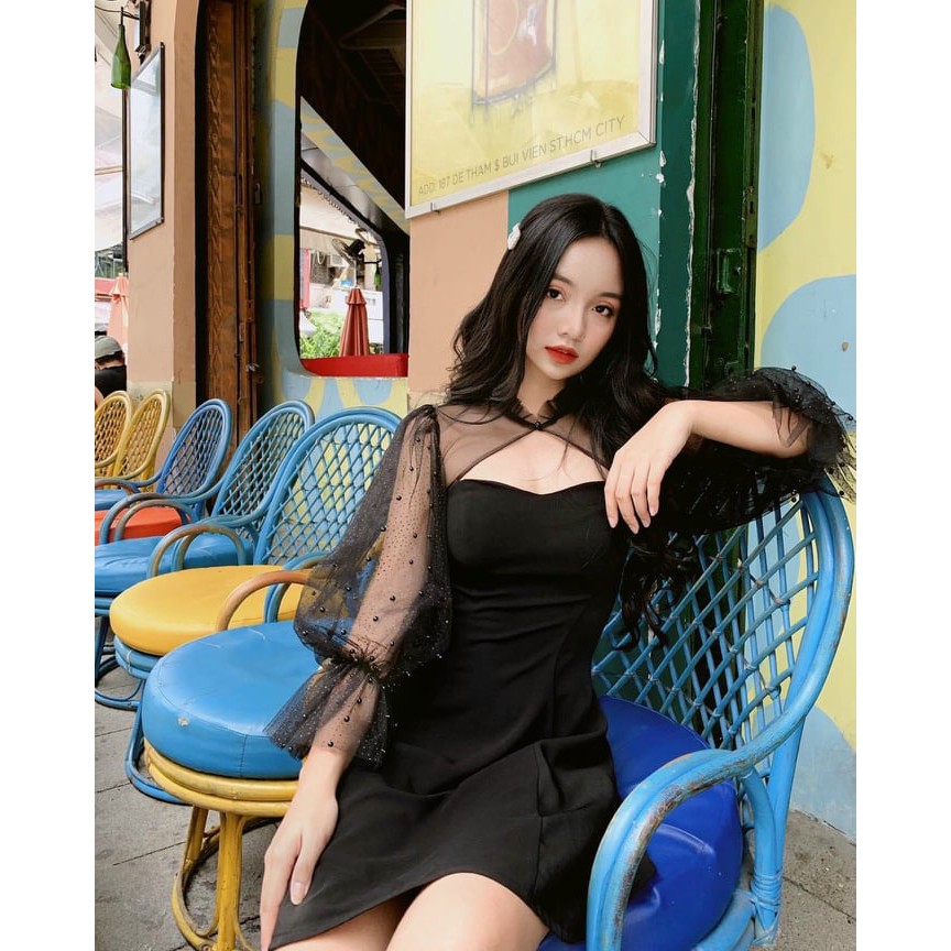 [Mã WASTMAY giảm 15% tối đa 30K đơn 150K] Đầm nữ tay dài phối lưới cổ tàu thời trang dự tiệc dạo phố ( có mút ngực ) | BigBuy360 - bigbuy360.vn