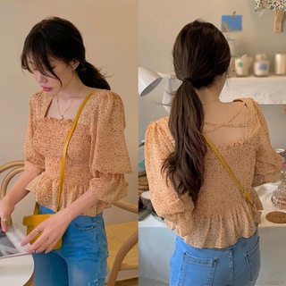 Áo kiểu chiffon cổ vuông in họa tiết hoa xinh xắn ngọt ngào dành cho nữ