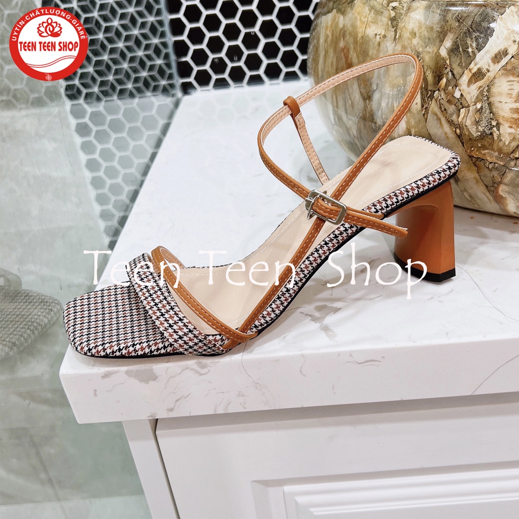 Giày sandal nữ quai chéo đế trụ 5 phân, Guốc phối kẻ caro, Teen Teen Shop mã SandalLV