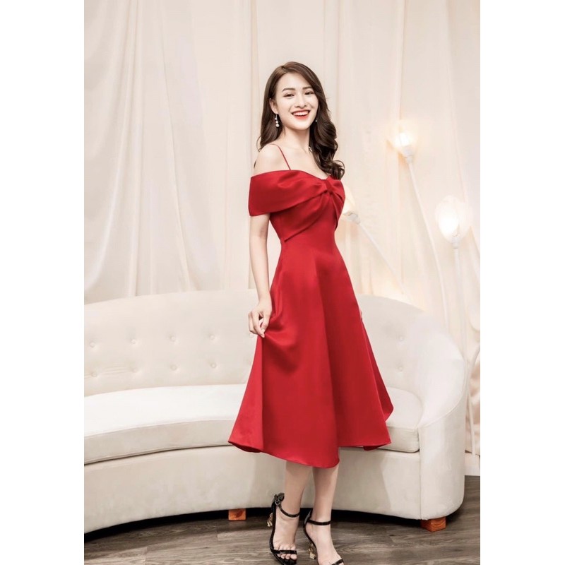 ĐẦM DÂY DỰ TIỆC ĐỎ SIÊU SANG 👉HÀNG CAO CẤP-LOẠI 1👈 ĐẦM TRỄ VAI DỰ TIỆC TẤT NIÊN THANH LỊCH | BigBuy360 - bigbuy360.vn