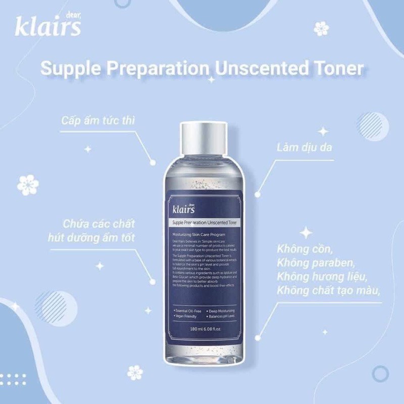 Nước Hoa Hồng Klairs Không Mùi Dưỡng Ẩm, Làm Dịu Da Klairs Supple Preparation Unscented Toner 180ml