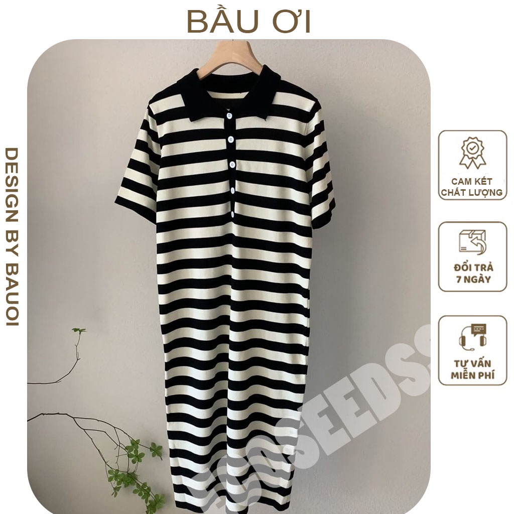 [BÂUOII V74] ĐẦM BẦU SUÔNG DÁNG DÀI CỔ SƠ MI CHẤT ĐẸP, VÁY BẦU KẺ SỌC THỜI TRANG HÀN QUỐC