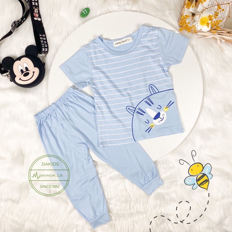 TNIN65 Bộ Tay Ngắn Quần Dài thun minkymom Kẻ Sọc In Lụa Hình Góc áo cho bé từ 8kg đến 19kg