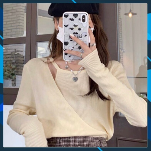 Áo len tăm tay dài hở vai yếm liền vạt chéo cài khuy ulzzang kiểu Hàn Quốc | BigBuy360 - bigbuy360.vn