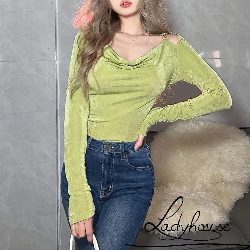 Áo thun tay dài khoét vai màu sắc đơn giản dành cho nữ