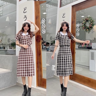 Set áo cổ trắng chân váy midi