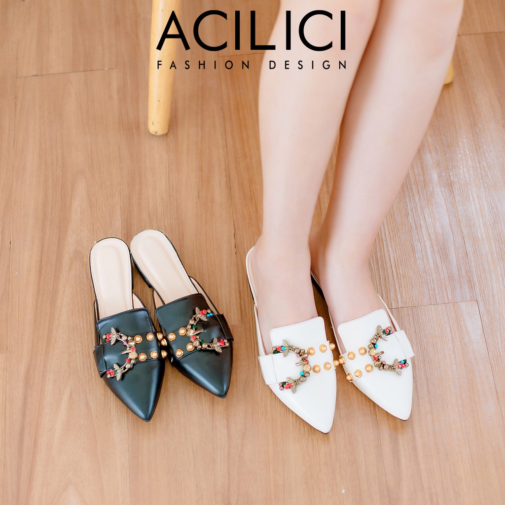 Giày sục nữ ACILICI thời trang, giày búp bê nữ đế vuông thời trang mũi nhọn phối đá nhiều màu sắc gót cao 2cm_TC054 | BigBuy360 - bigbuy360.vn