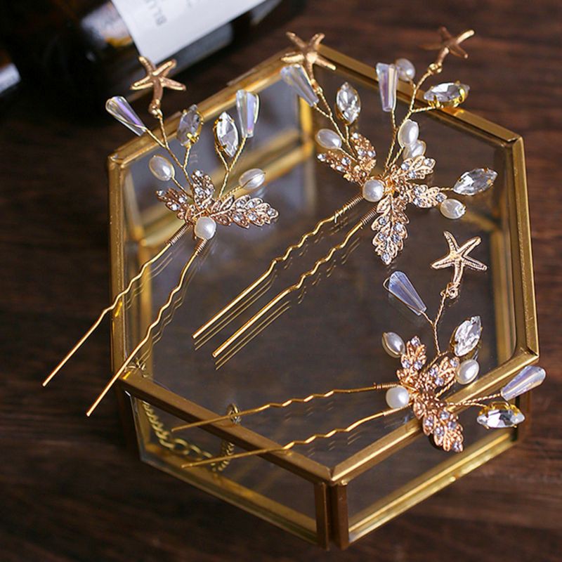 3x Bride Hairpins Golden Leaf Starfish Star Decoration U Shape Wedding