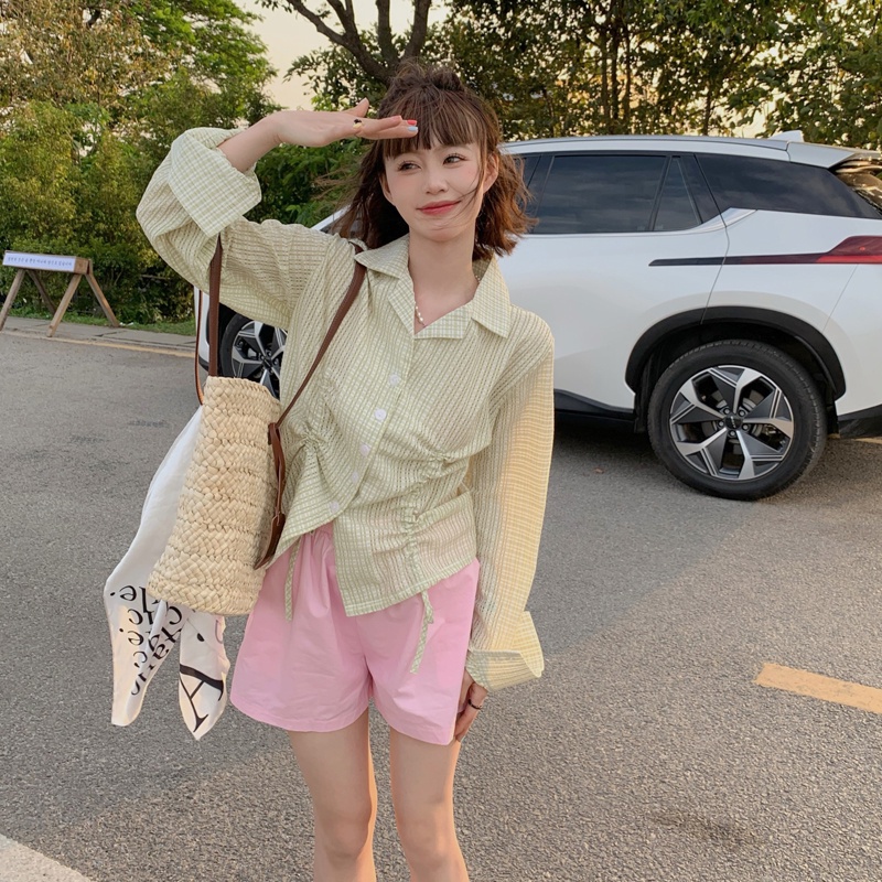 Áo Sơ Mi Tay Dài Phối Dây Rút Màu Xanh Lá Thiết Kế Đơn Giản Phong Cách Hàn Quốc Thời Trang Mùa Hè Cho Nữ