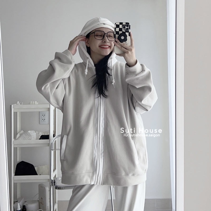 Áo Hoodie Zip BASIC V2 TAN GHI Phối NÓN TRẮNG Form Rộng Unisex - Suti House