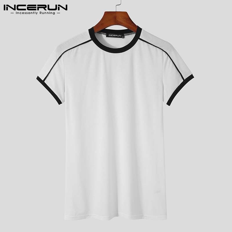 Áo thun INCERUN tay ngắn dáng ôm màu sắc tương phản thời trang dành cho nam