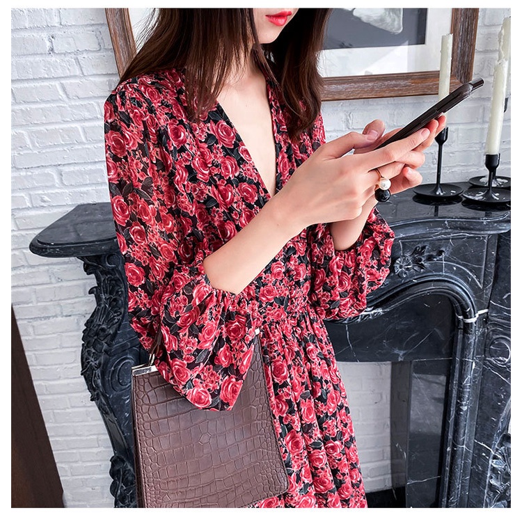 Đầm Voan Hoa Tay Dài Cổ Chữ V Thời Trang Dành Cho Nữ