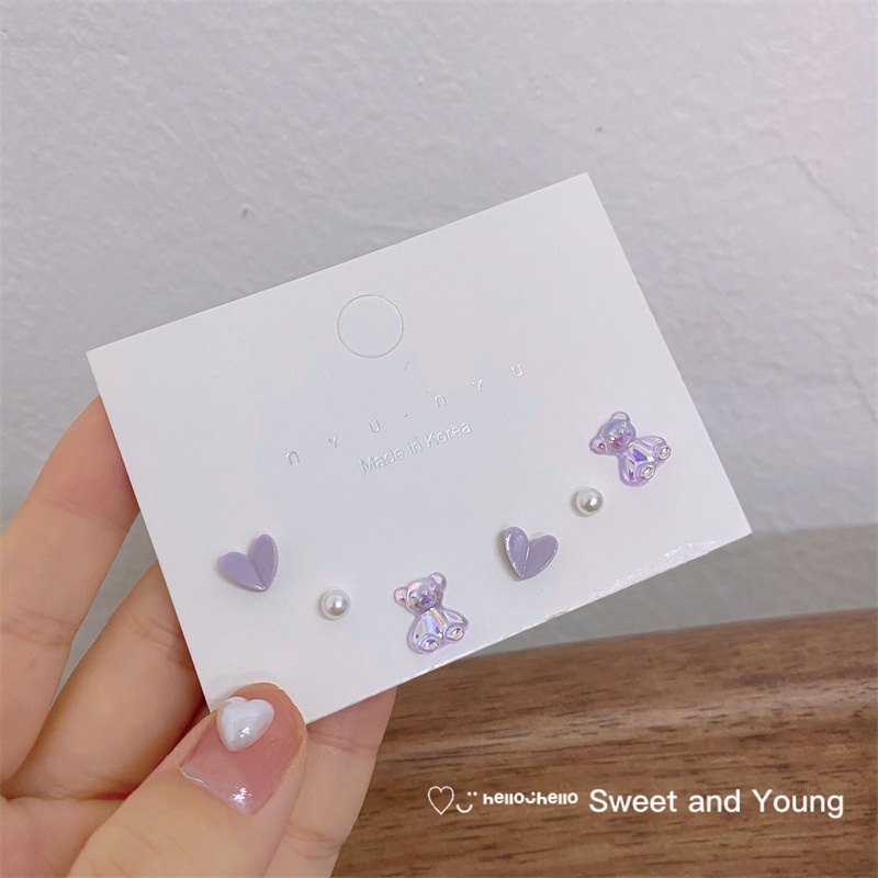 Set 3 Bông Tai Mạ Bạc 925 Hình Gấu Màu Sắc Cực Quang Dễ Thương Và Hạt Ngọc Trai Thời Trang Mùa Hè Cho Nữ