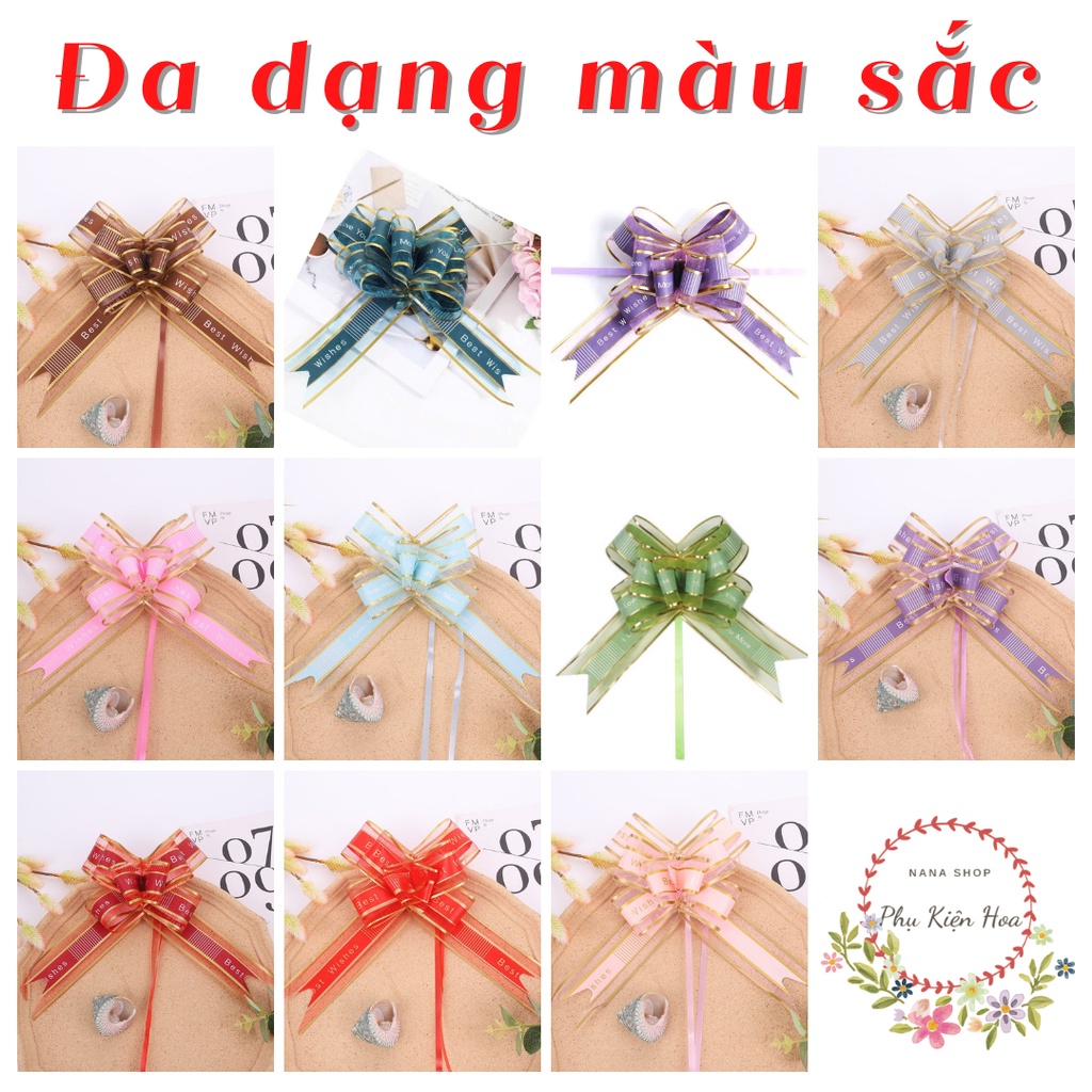 [Size 15*22cm] Nơ Rút Cánh Bướm In Chữ BEST WISHES, Voan Lụa Viền Vàng, Trang Trí Hộp Quà - Tiệc - Xe Hoa