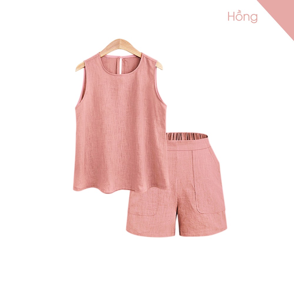 [VNXK] Bộ đồ ngủ Pijama nữ mặc ở nhà áo khoét sát nách và quần sooc cạp chun vải đũi xước co giãn