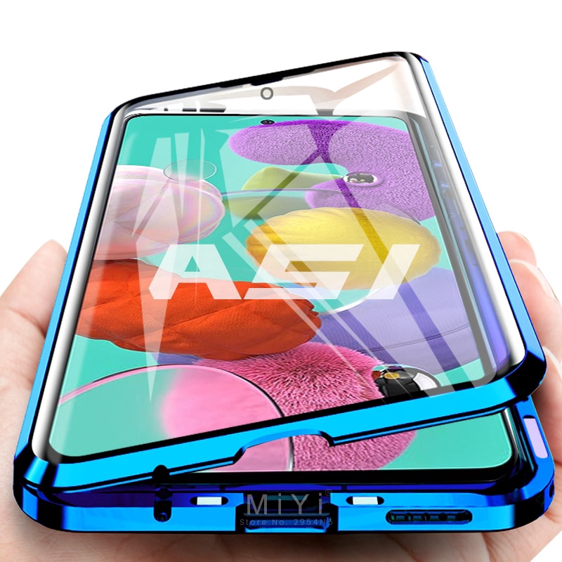 Ốp điện thoại hai mặt kính cường lực toàn diện 360° có nắp lật hít nam châm cho Samsung Galaxy A51 A71