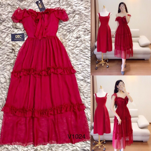 Váy maxi tơ đỏ thời trang thiết kế DVC