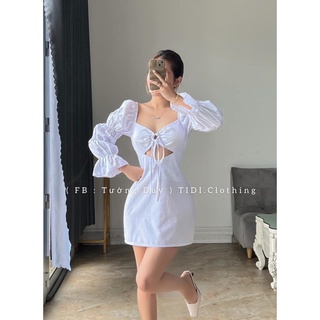 váy tay phồng có dây cột cổ khoét eo