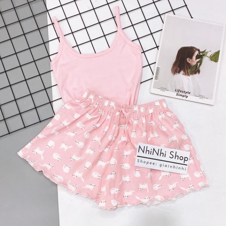 Sét đồ ngủ hai dây họa tiết sexxy co giãn, Bộ ngủ 2 dây mát lạnh BN0082 - NhiNhi Shop